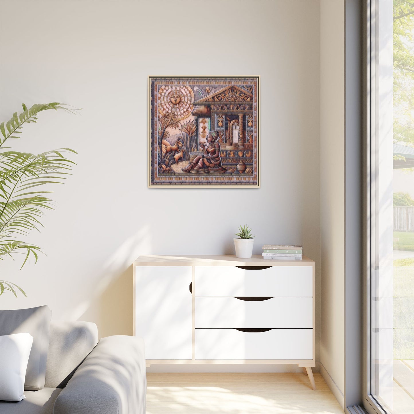 Egyptian Goddess Mosaic Framed Canvas Art — Colorful Ancient Ritual Wall Decor