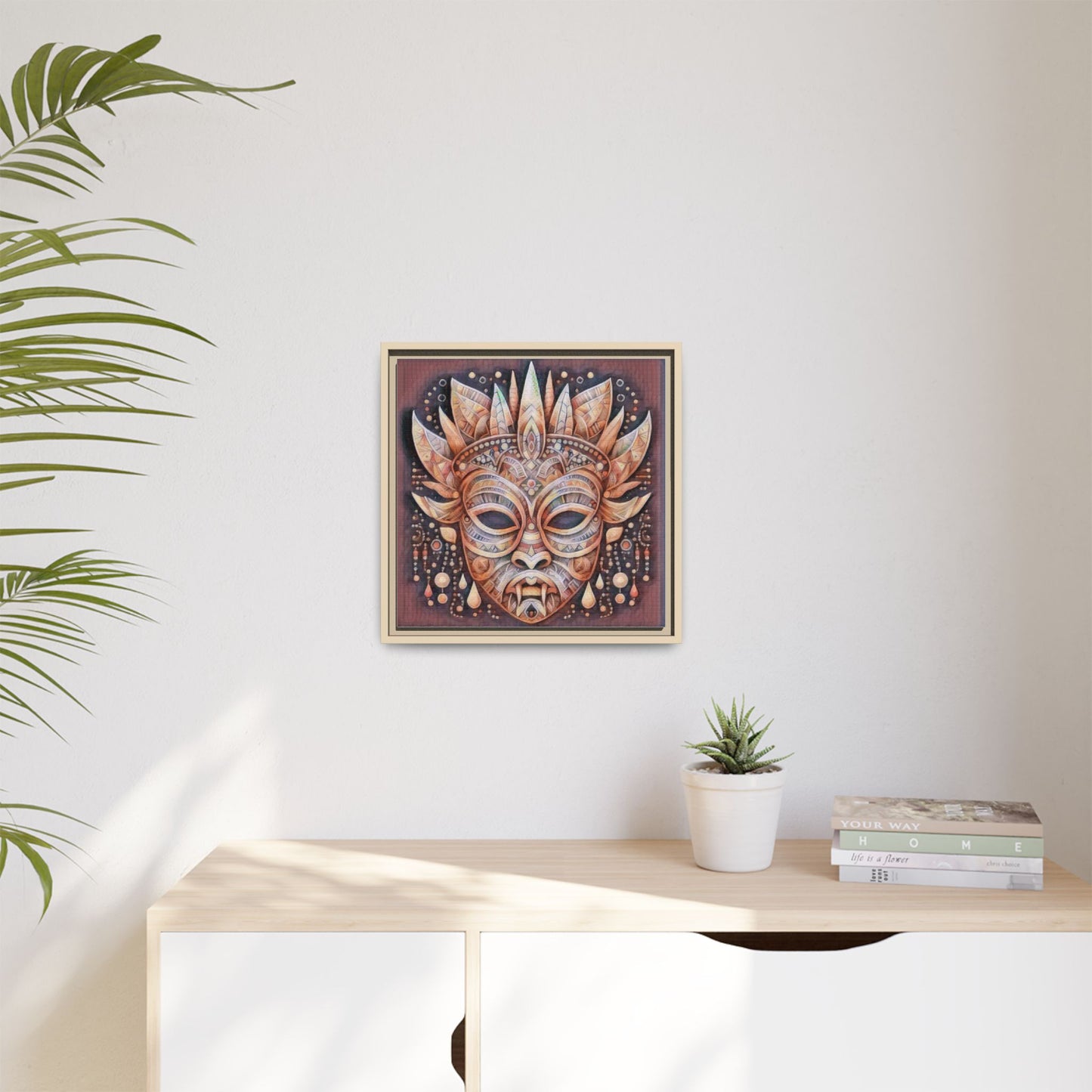 Tribal Sun Mask Framed Canvas Art — Boho Ethnic Wall Decor