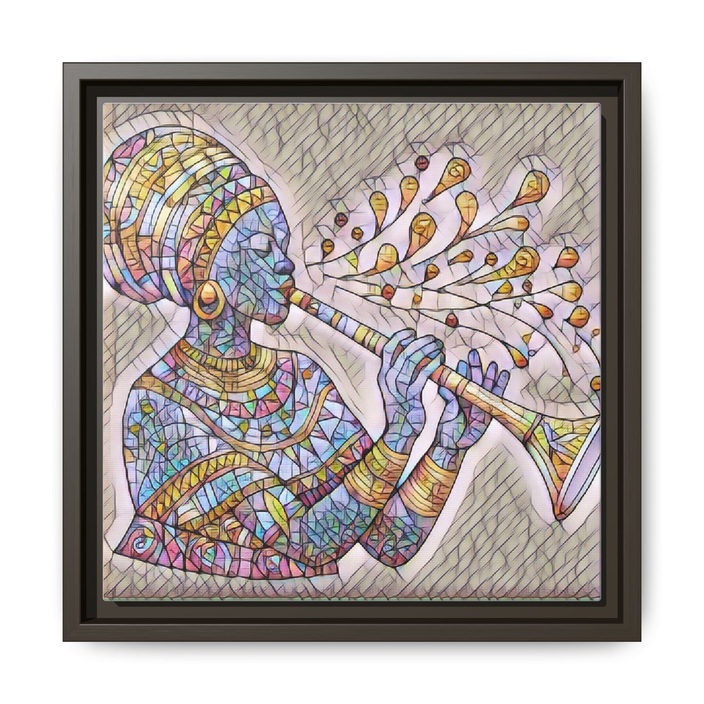 Framed Matte Canvas Art – Colorful African Musician Trumpet Print
