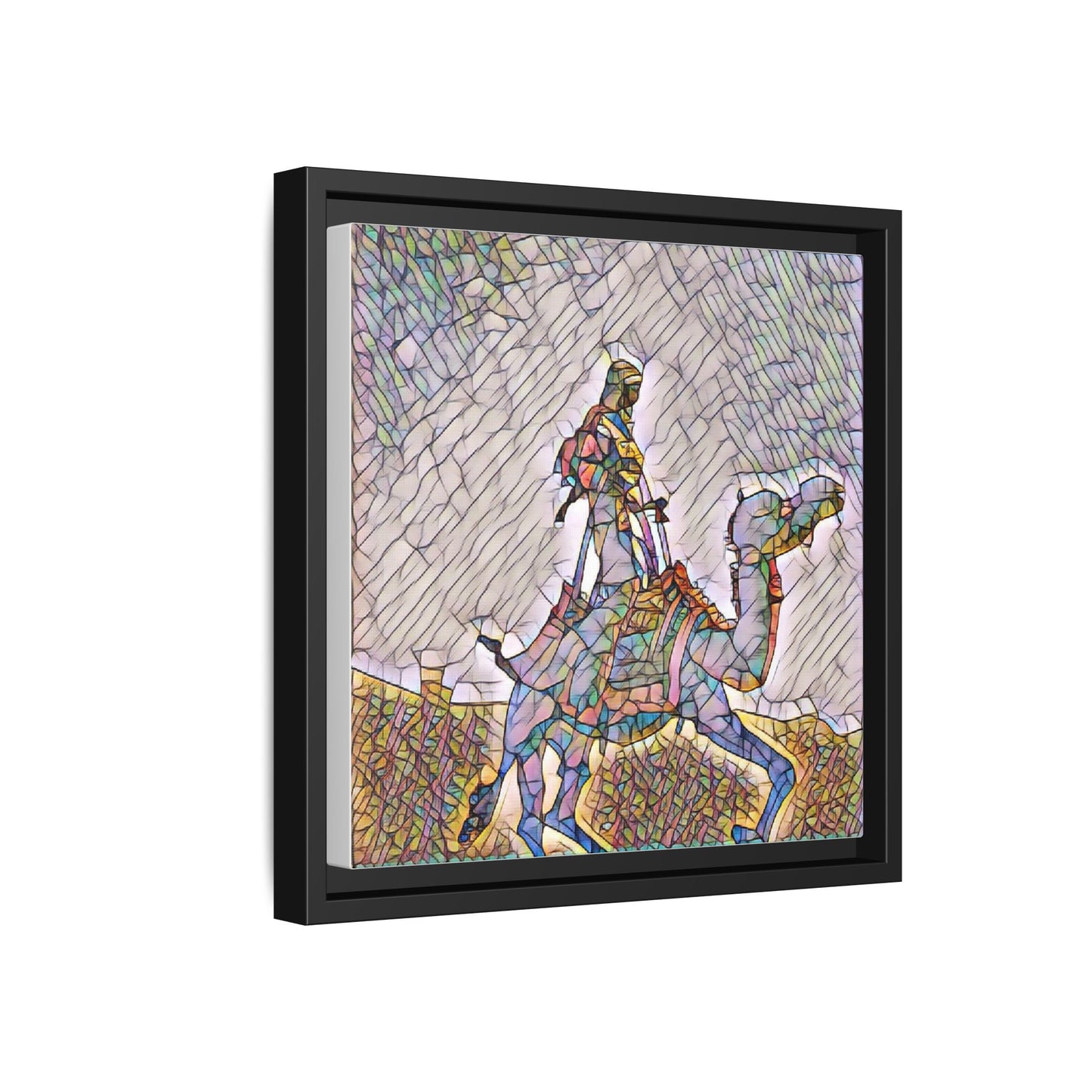 Framed Camel Rider Matte Canvas Art — Colorful Mosaic Desert Wall Decor