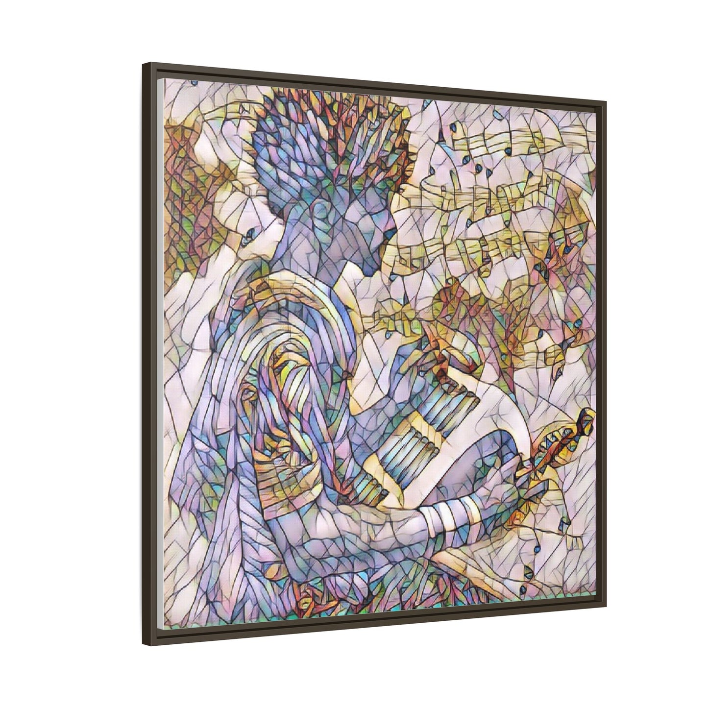 Abstract Jazz Musician Framed Canvas Art — Colorful Stained-Glass Style Wall Decor