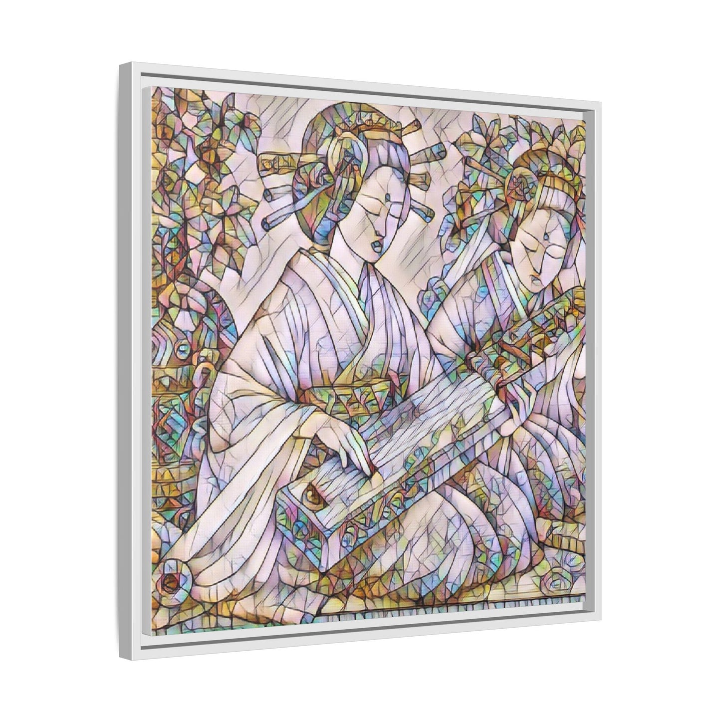 Framed Matte Canvas Print — Stained-Glass Geisha Duo