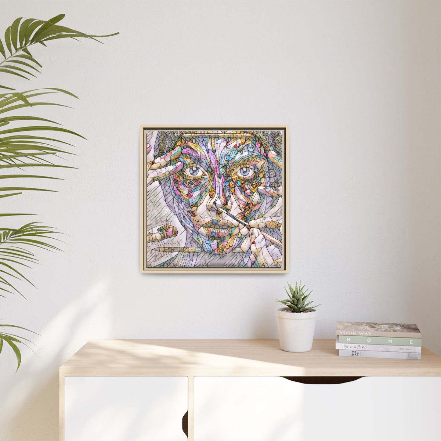 Framed Abstract Mosaic Face Canvas — Colorful Modern Wall Art