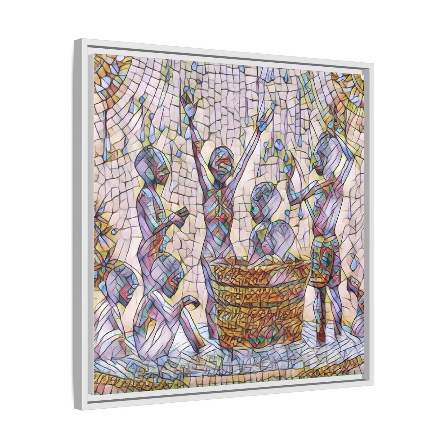 Framed Matte Canvas Art — Children Playing Mosaic Illustration