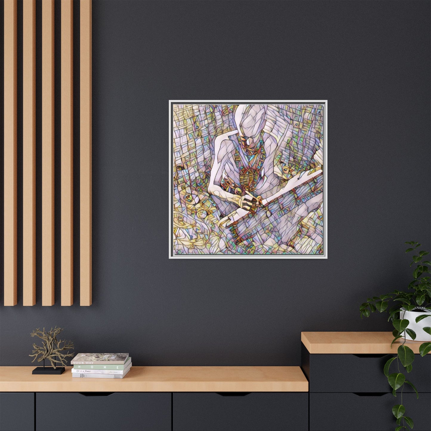 Abstract Fantasy Warrior Matte Framed Canvas — Colorful Stained-Glass Style Art
