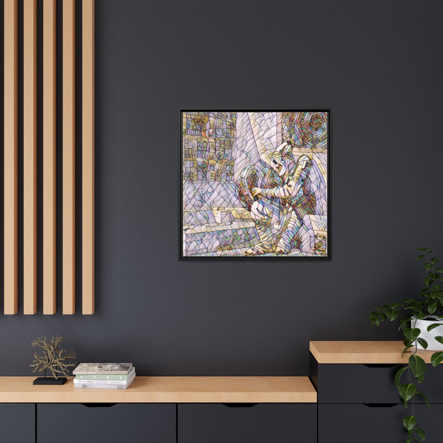 Framed Matte Canvas Art — Colorful Stained-Glass Astronaut Embrace