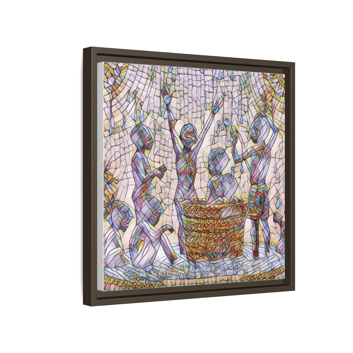 Framed Matte Canvas Art — Children Playing Mosaic Illustration
