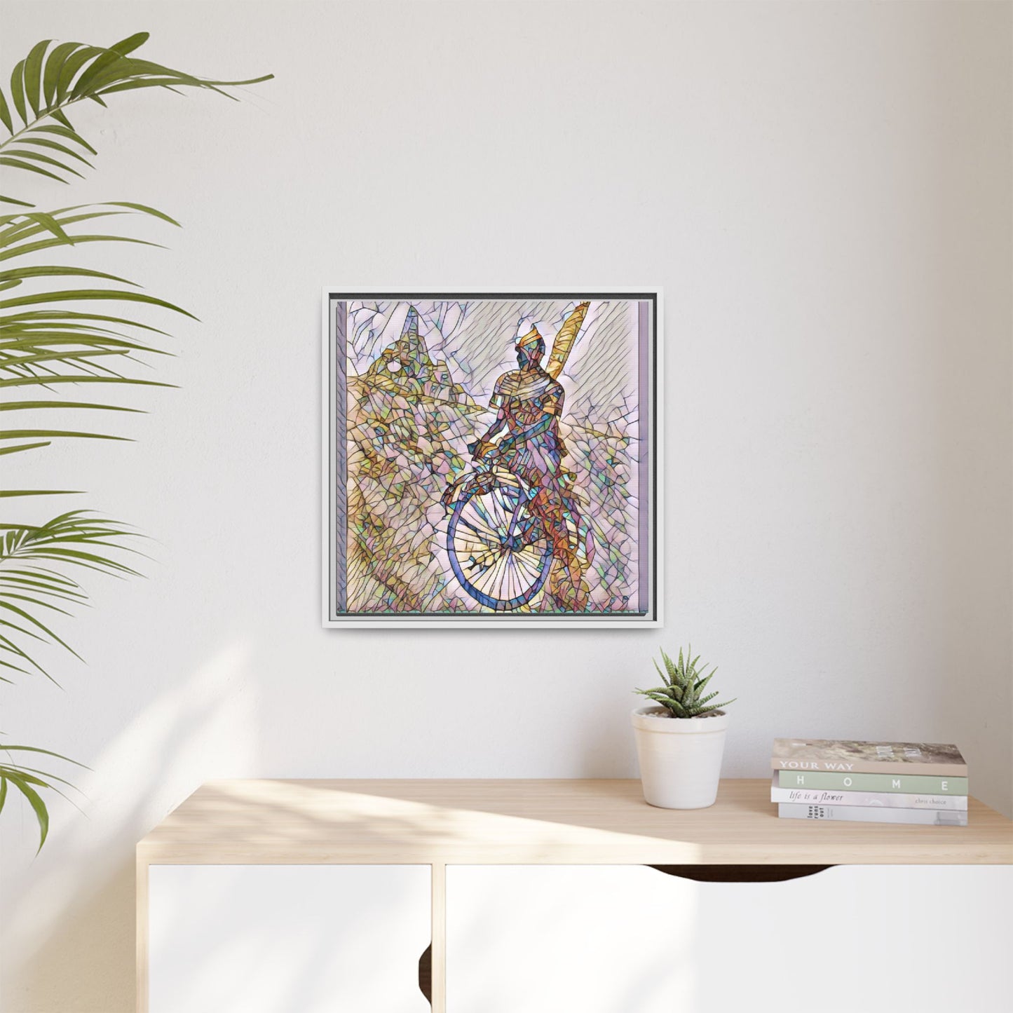 Cyclist Stained Glass Art Print — Framed Matte Canvas