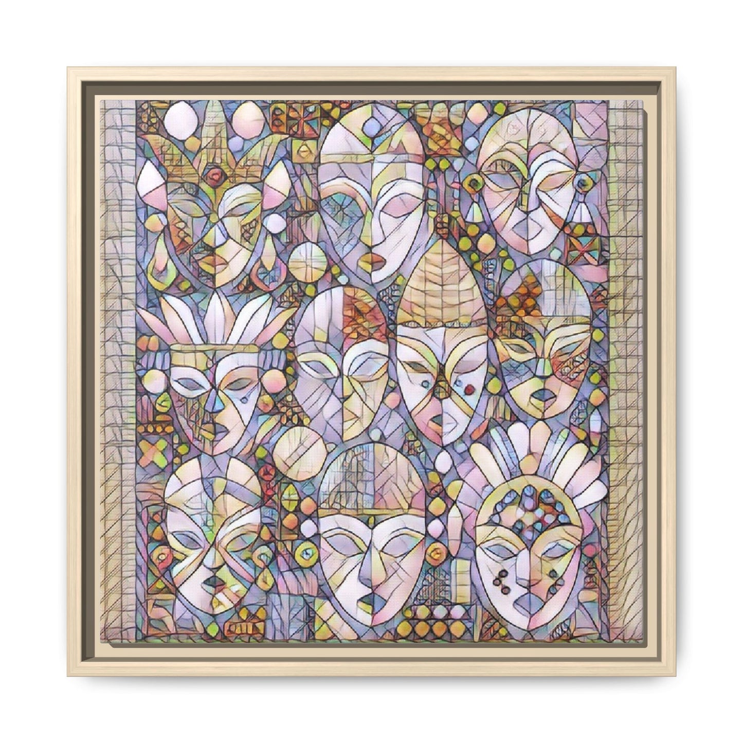 Framed Abstract Mask Art Canvas — Multicolor Stained-Glass Faces Wall Decor