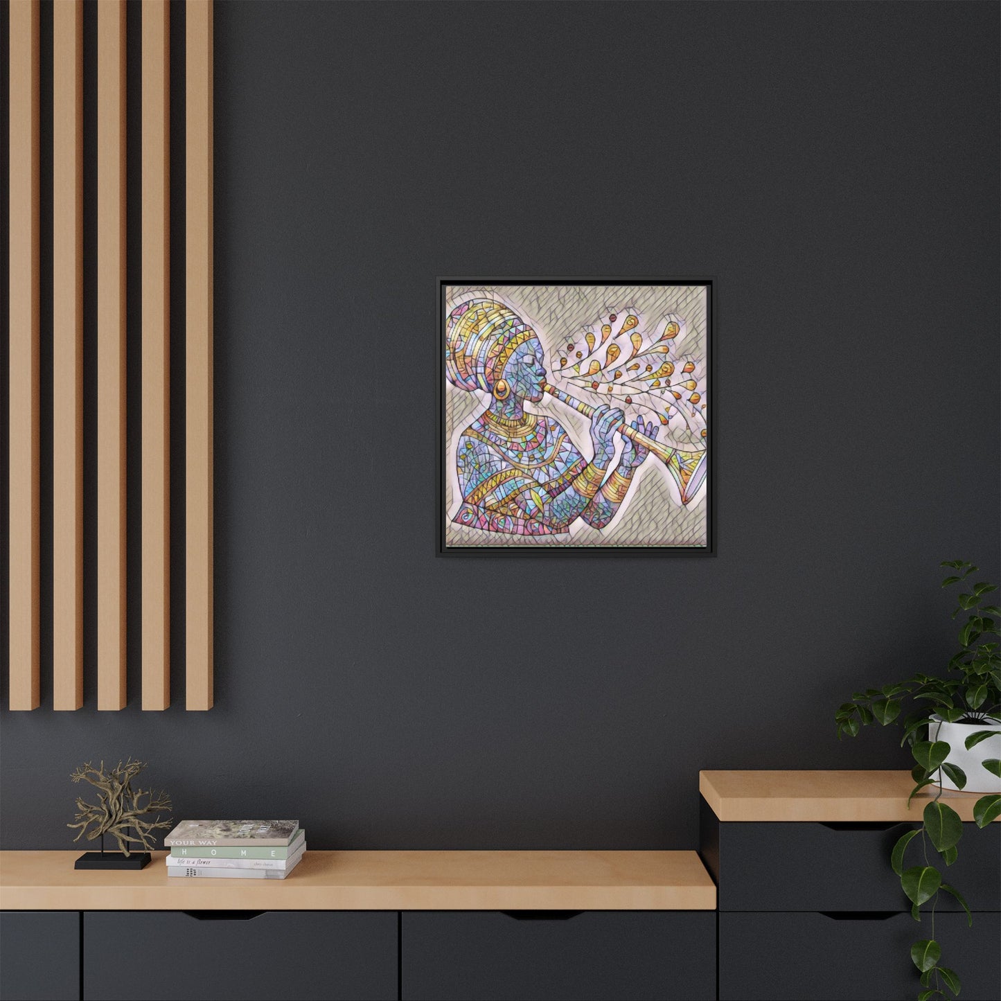 Framed Matte Canvas Art – Colorful African Musician Trumpet Print
