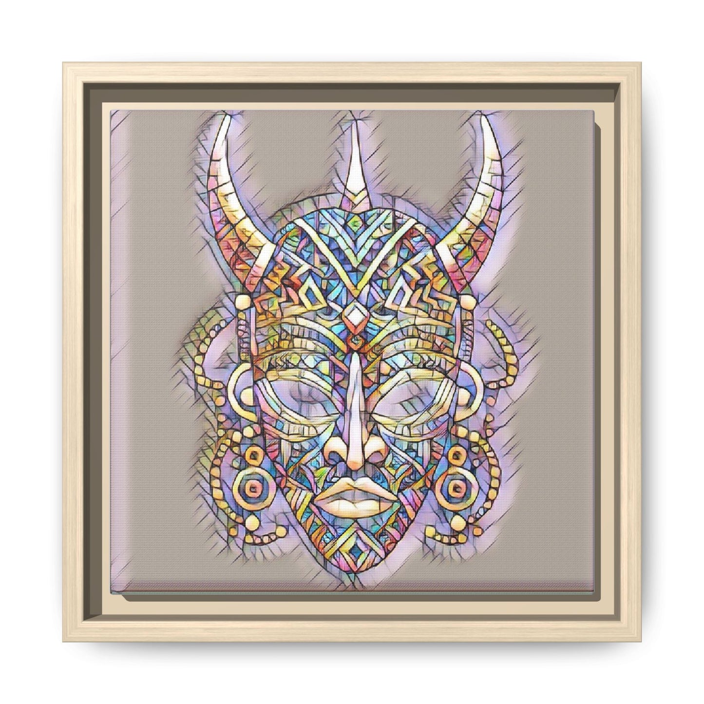 Colorful Tribal Mask Framed Canvas Art — Abstract Ethnic Wall Decor