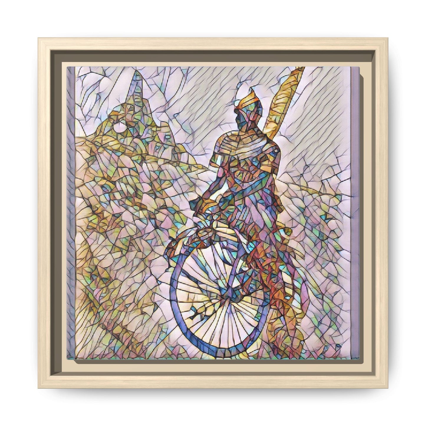 Cyclist Stained Glass Art Print — Framed Matte Canvas