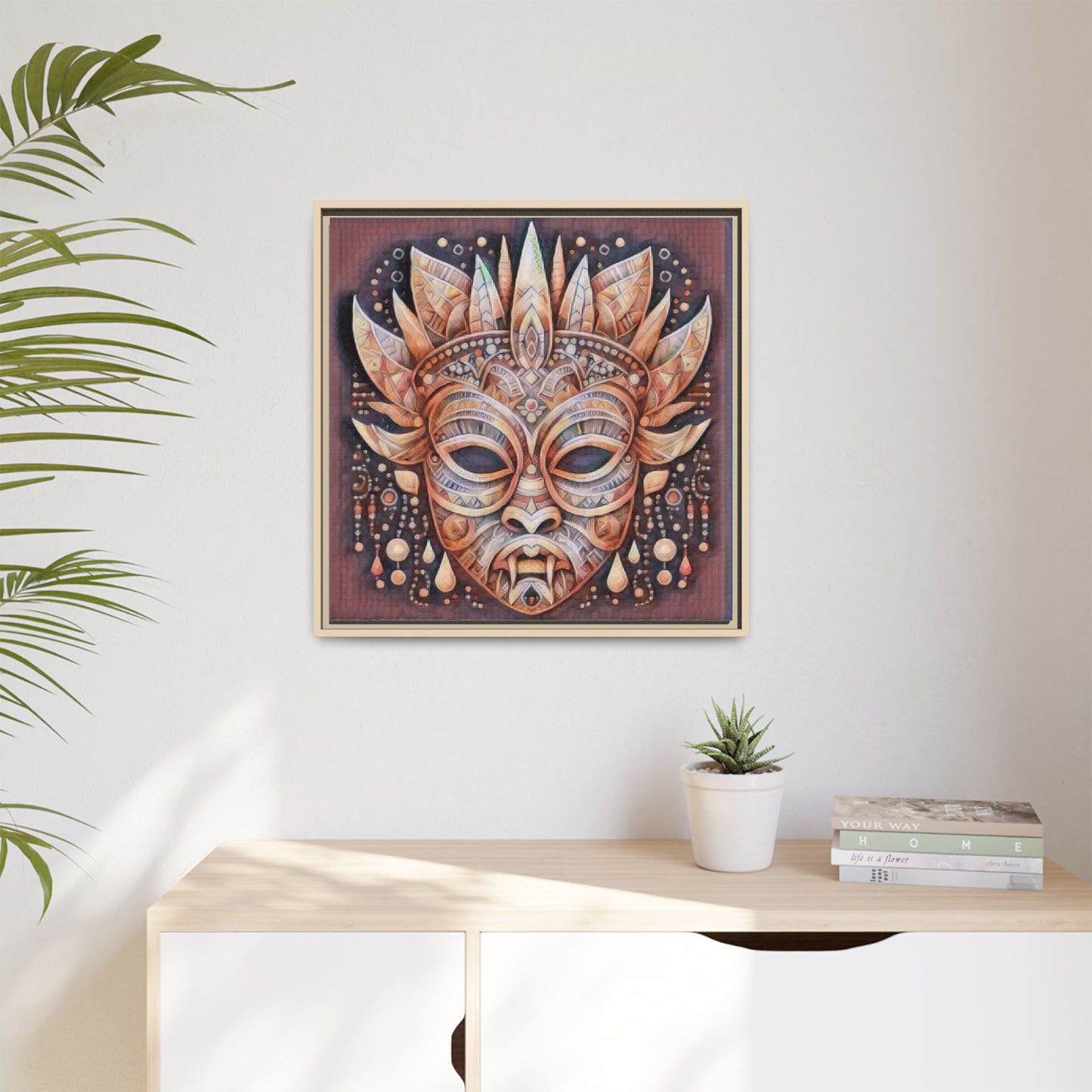 Tribal Sun Mask Framed Canvas Art — Boho Ethnic Wall Decor