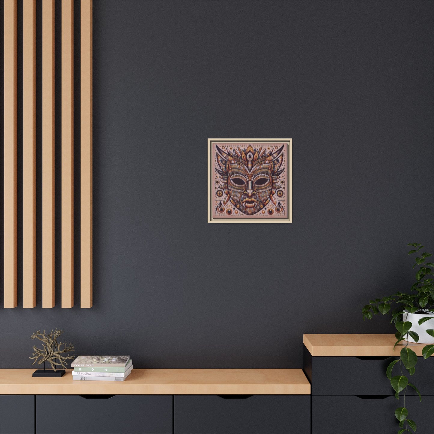 Tribal Mask Framed Canvas Art — Multicolor Matte Wall Decor