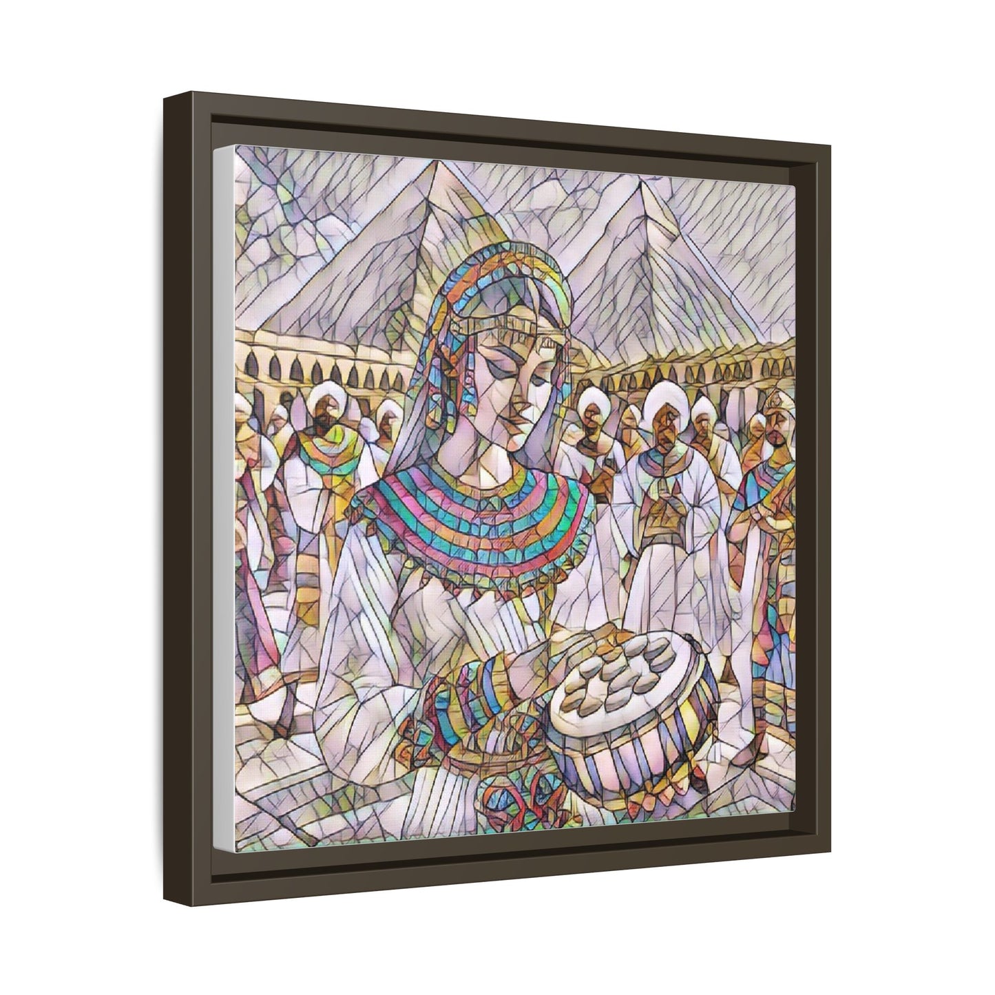 Egyptian Drum Player Framed Canvas Art — Colorful Ancient Scene Wall Decor