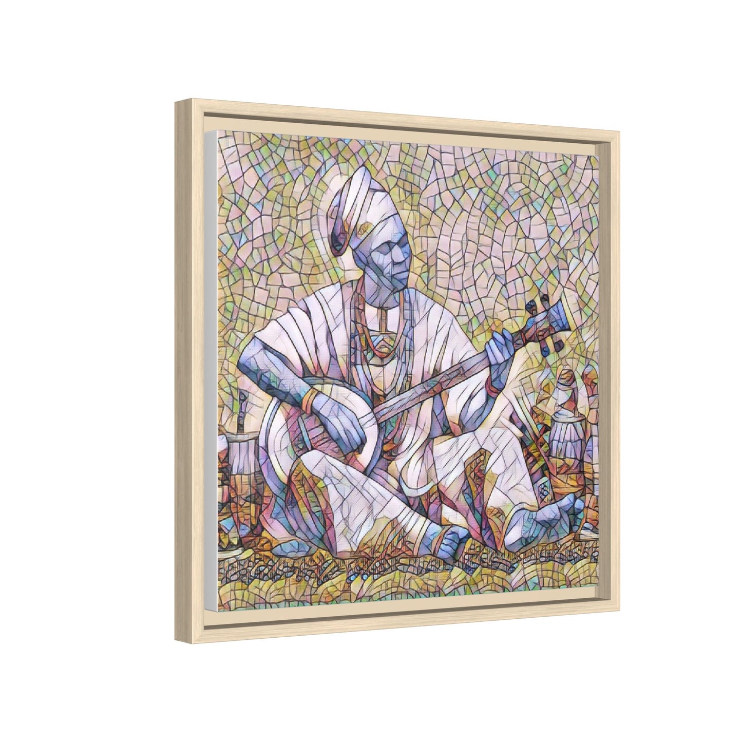 Framed Mosaic Musician Canvas Art — African Griot with Kora