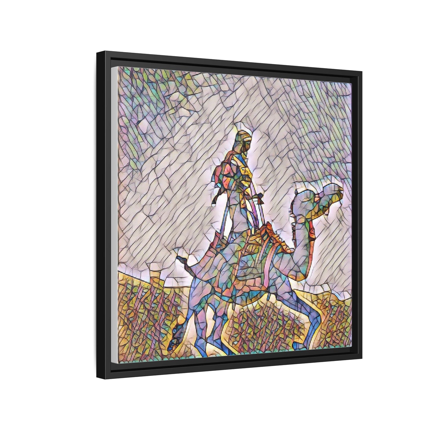 Framed Camel Rider Matte Canvas Art — Colorful Mosaic Desert Wall Decor