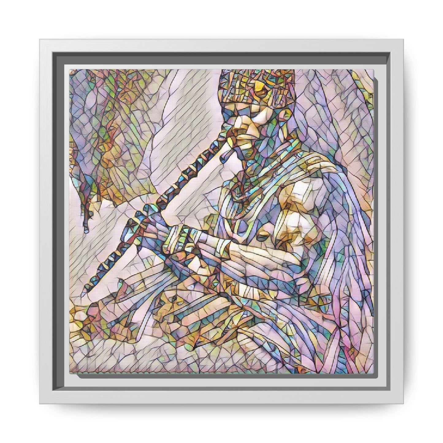 Tribal Flute Musician Stained-Glass Framed Canvas Art