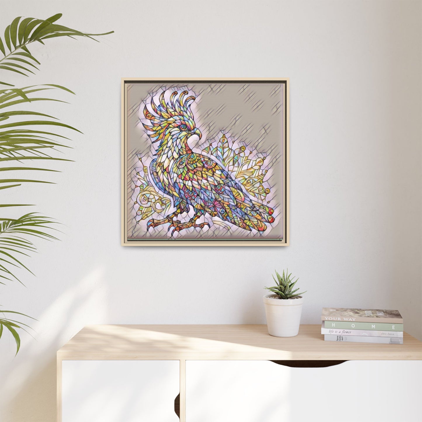 Colorful Stained-Glass Cockatoo Matte Framed Canvas