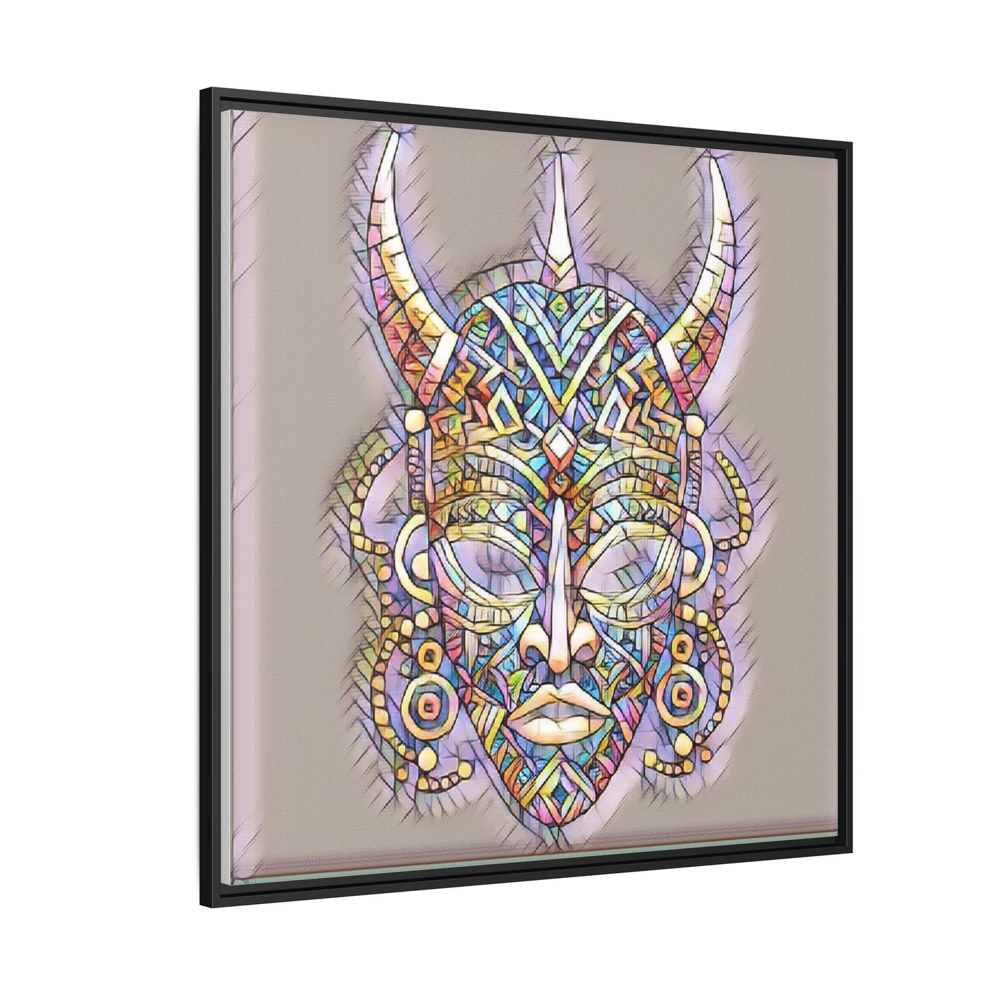 Colorful Tribal Mask Framed Canvas Art — Abstract Ethnic Wall Decor