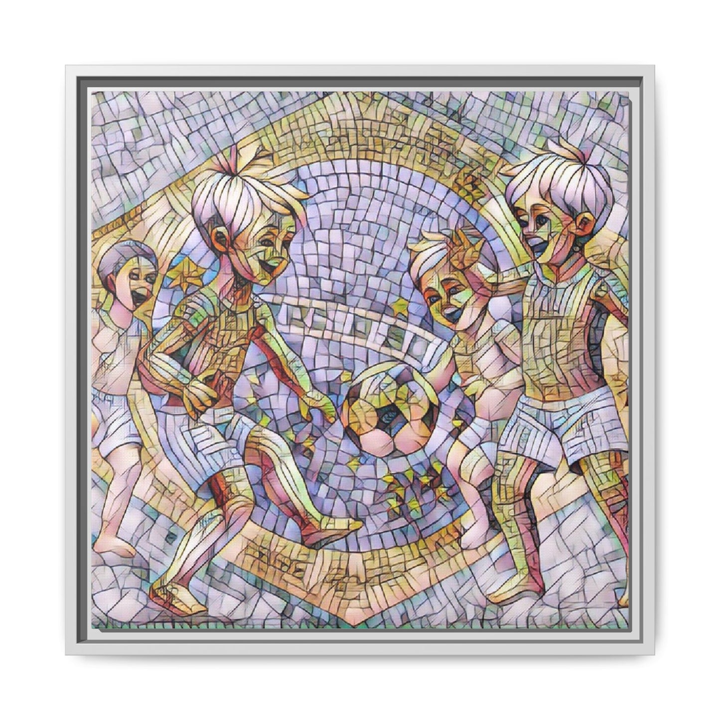 Framed Matte Canvas – Vintage Mosaic Kids Playing Soccer Art