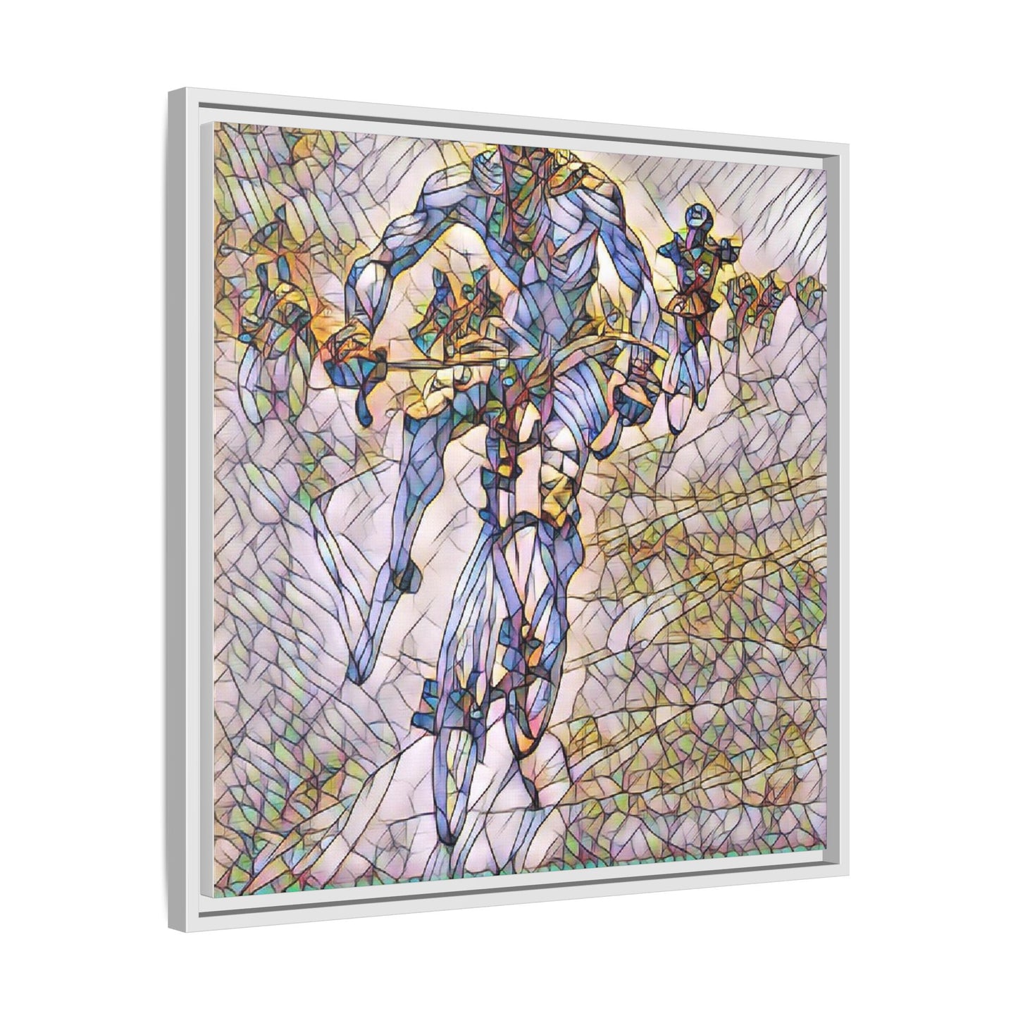Abstract Cyclist Matte Canvas Framed Art — Colorful Stained-Glass Bike Print