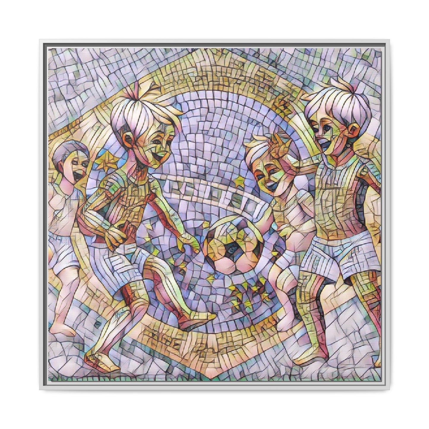 Framed Matte Canvas – Vintage Mosaic Kids Playing Soccer Art
