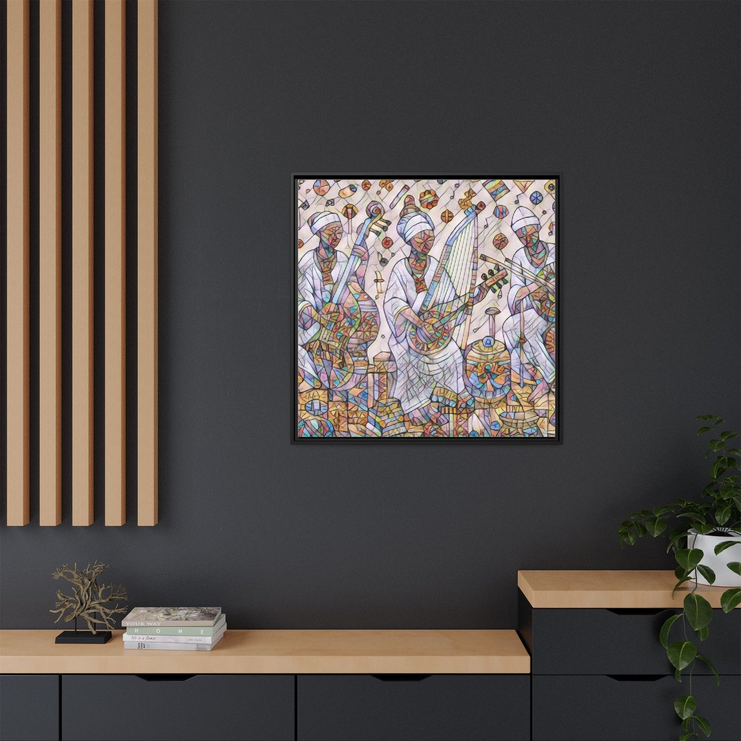 Framed Matte Canvas Print — Colorful African Musicians Stained-Glass Art