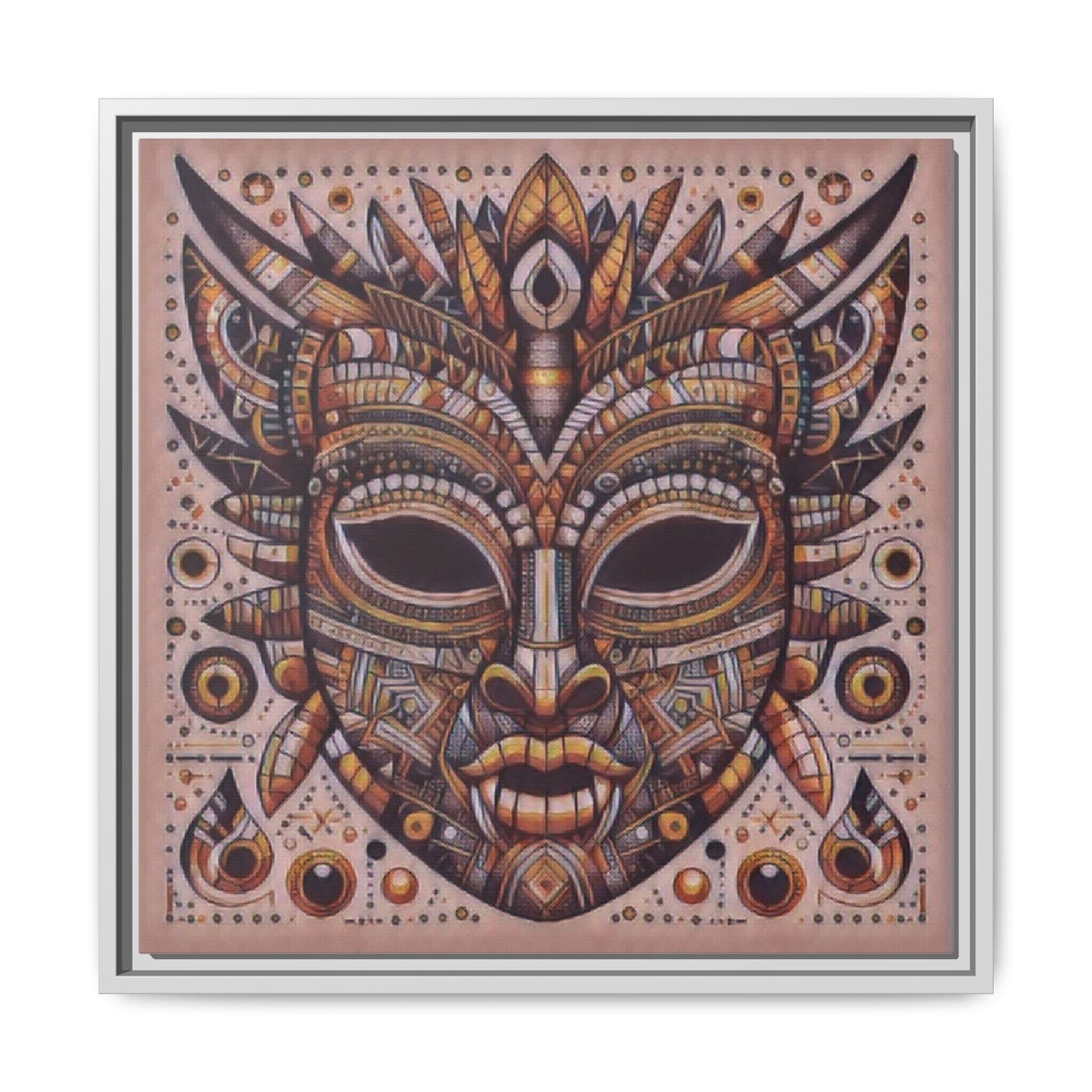Tribal Mask Framed Canvas Art — Multicolor Matte Wall Decor