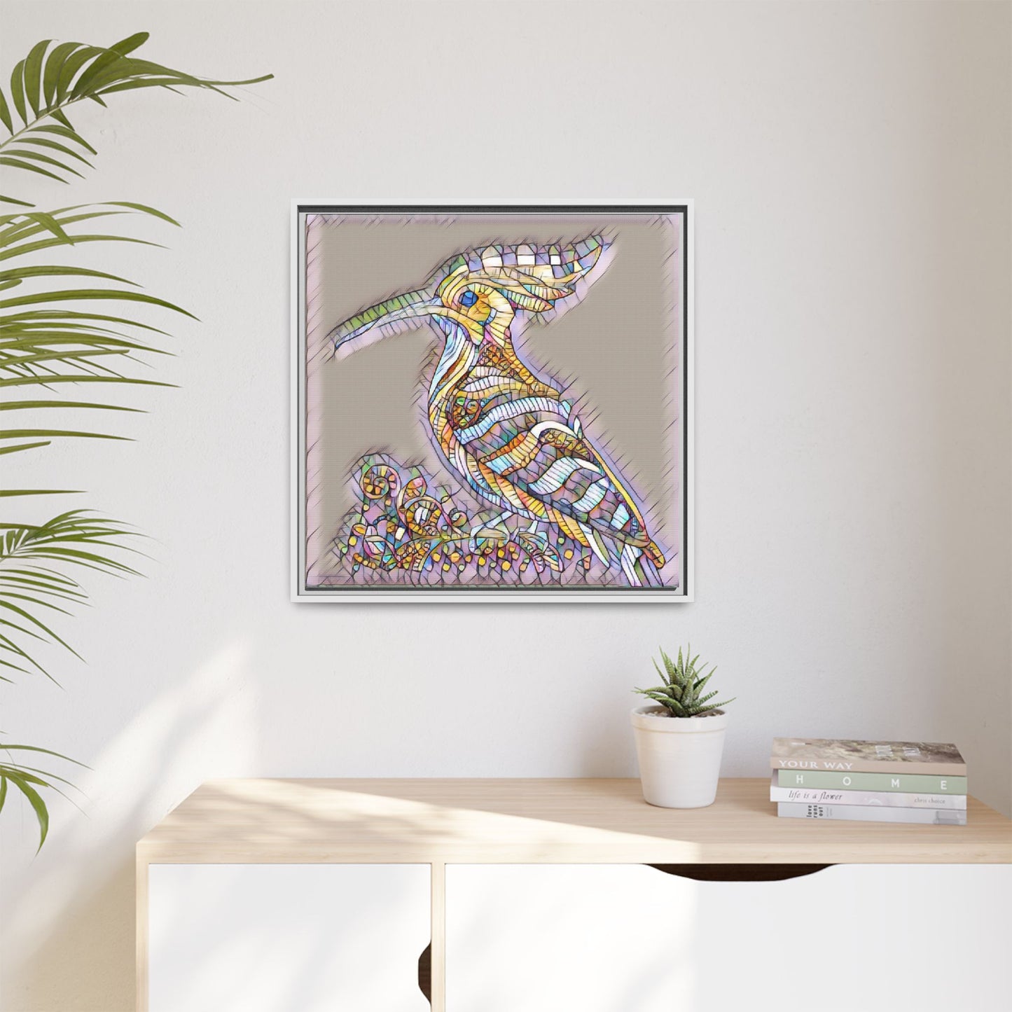 Colorful Mosaic Bird Framed Canvas Art — Whimsical Hoopoe Wall Decor