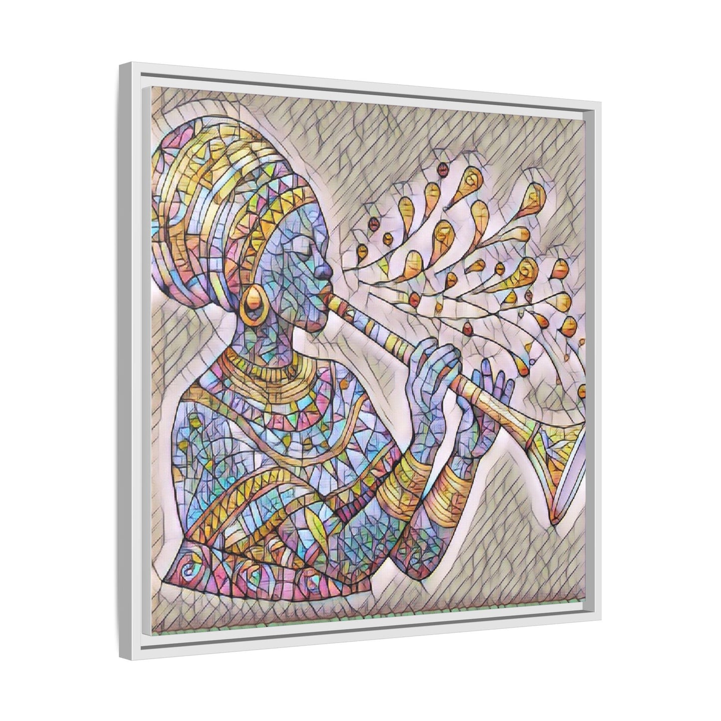 Framed Matte Canvas Art – Colorful African Musician Trumpet Print