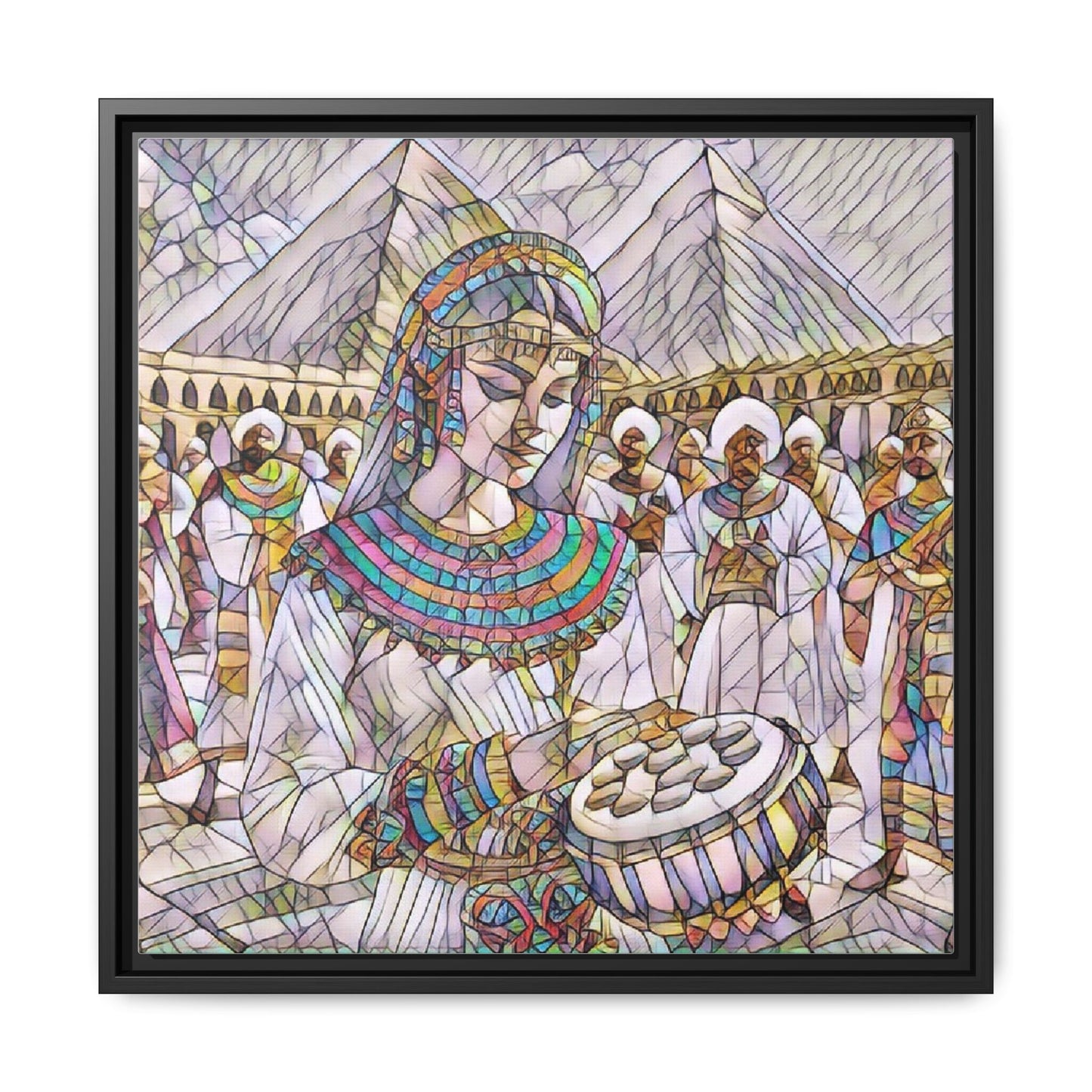 Egyptian Drum Player Framed Canvas Art — Colorful Ancient Scene Wall Decor