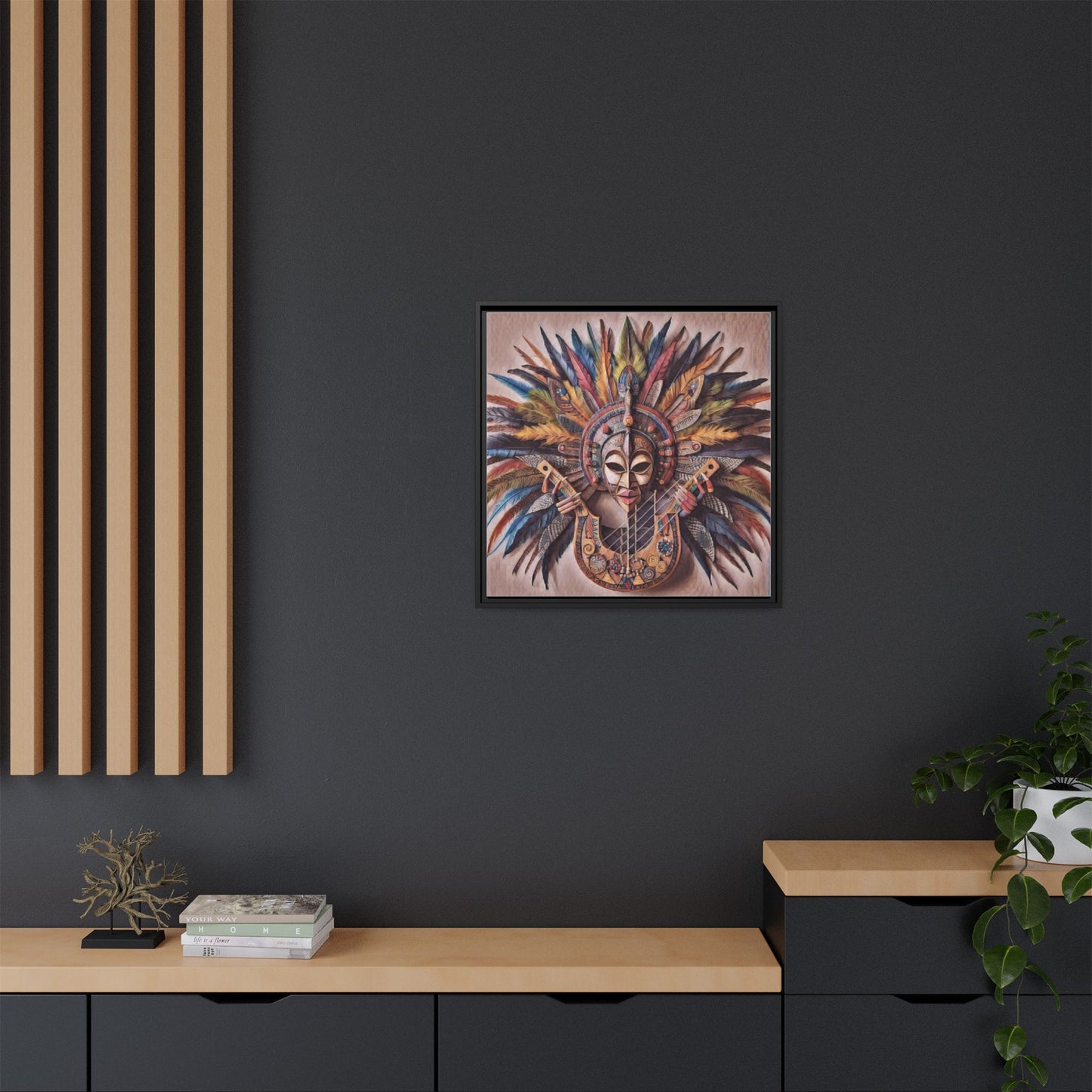 Tribal Feather Mask Guitar Framed Canvas Art — Colorful Boho Wall Decor