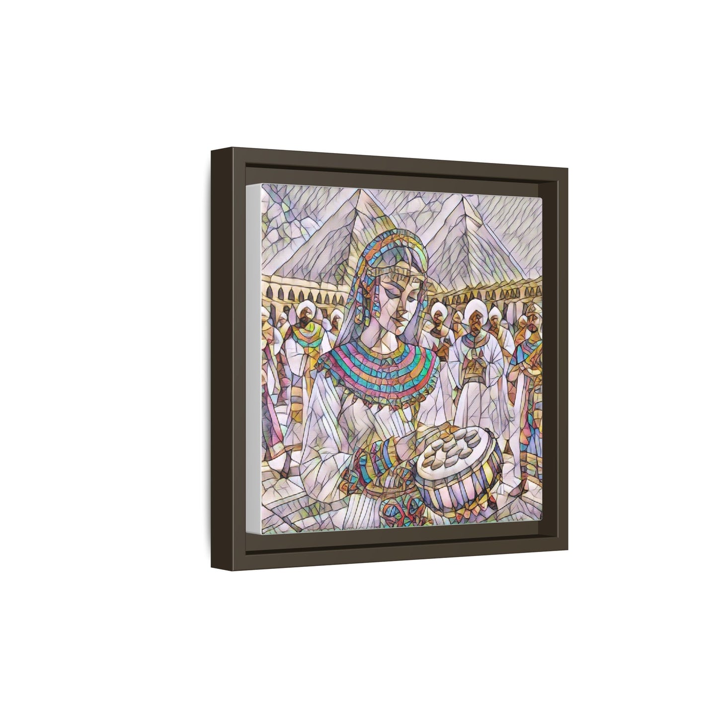Egyptian Drum Player Framed Canvas Art — Colorful Ancient Scene Wall Decor