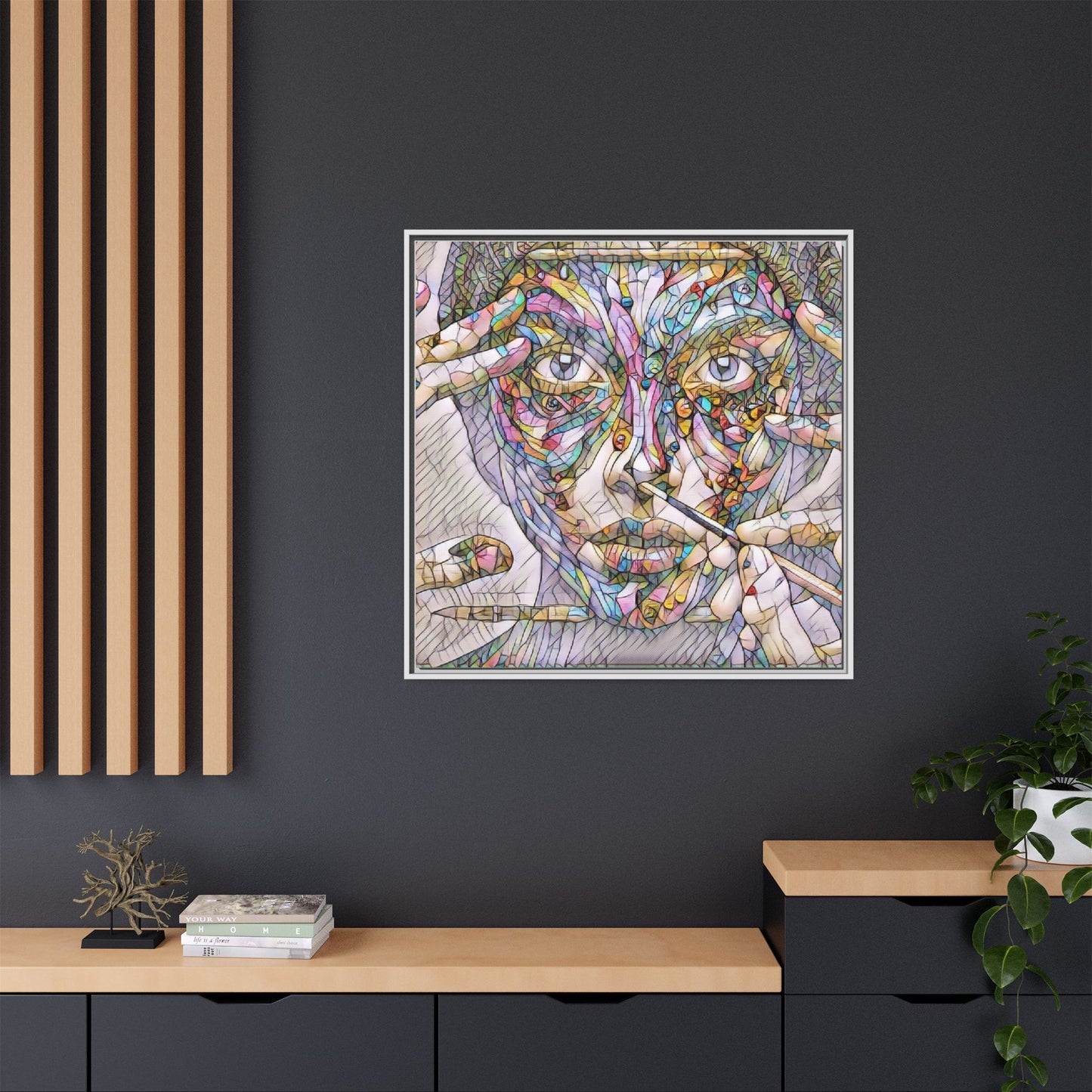 Framed Abstract Mosaic Face Canvas — Colorful Modern Wall Art