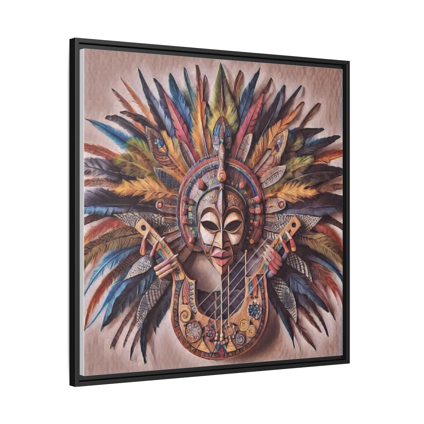 Tribal Feather Mask Guitar Framed Canvas Art — Colorful Boho Wall Decor