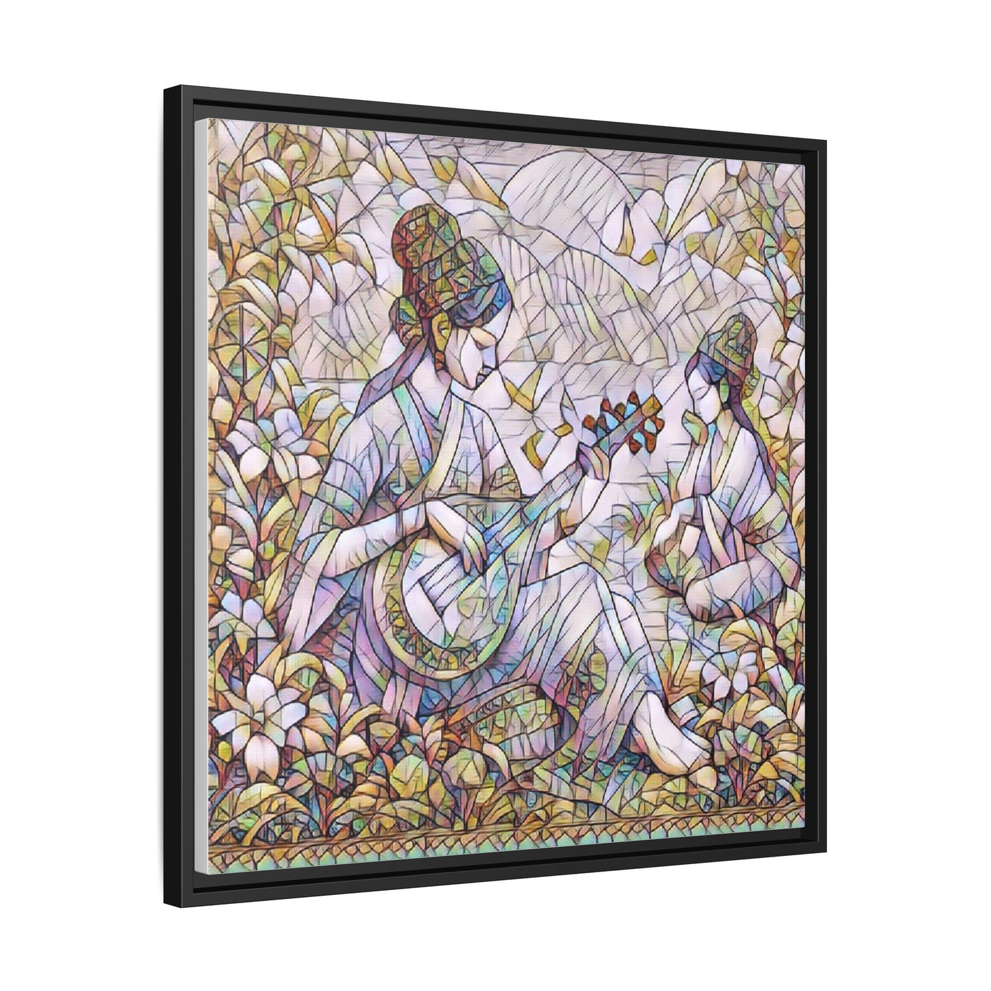 Framed Matte Canvas Art - Vintage Asian Musicians Floral Illustration