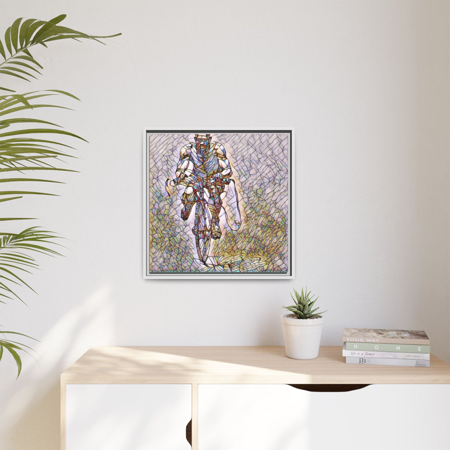 Cyclist Art Print — Framed Matte Canvas Wall Art (Multicolor Stained-Glass Style)