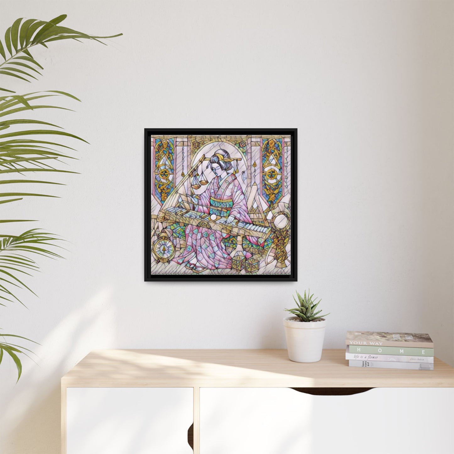 Framed Matte Canvas — Geisha Harp Stained-Glass Art Print