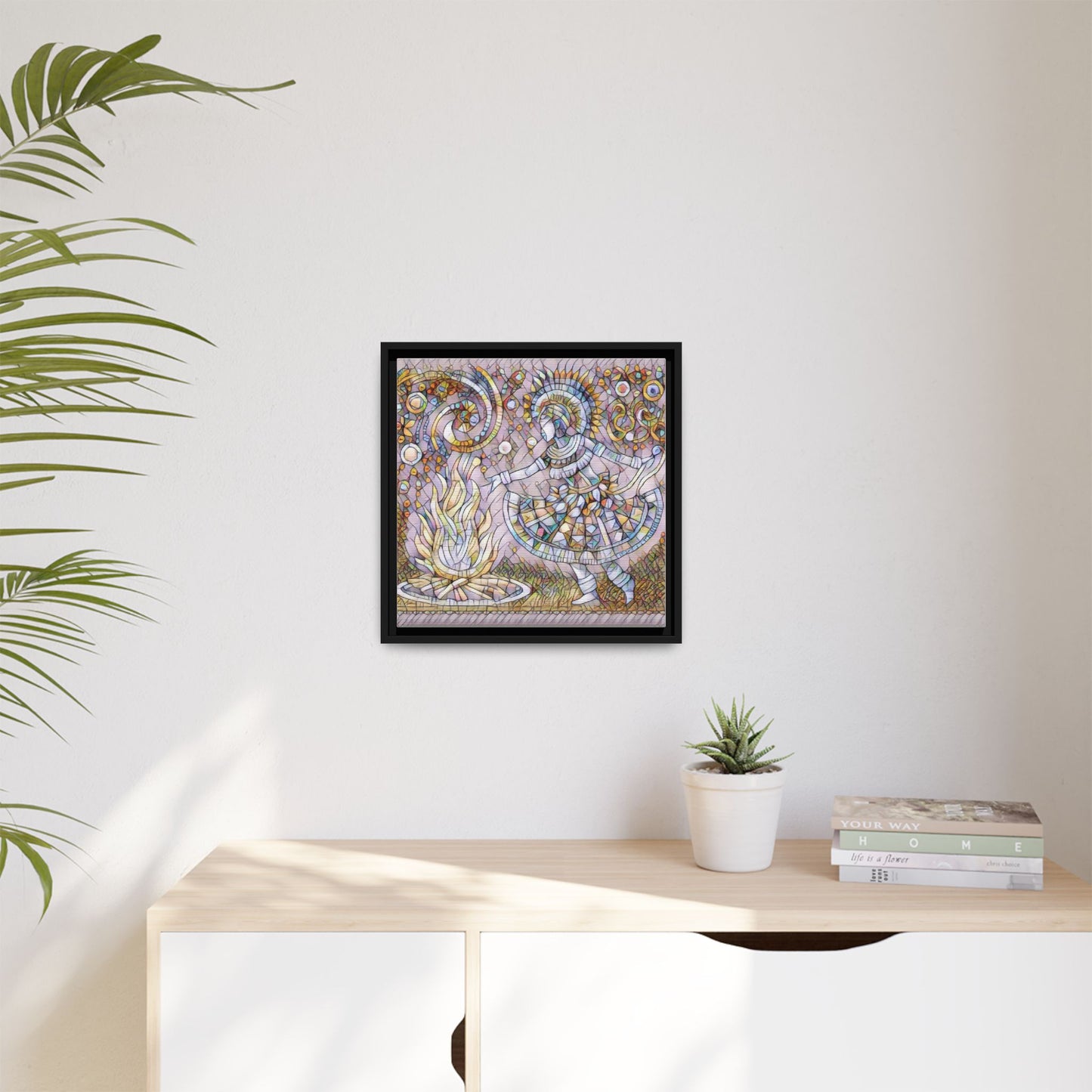 Bohemian Fire Dancer Framed Canvas Art — Colorful Folk Mosaic Wall Decor