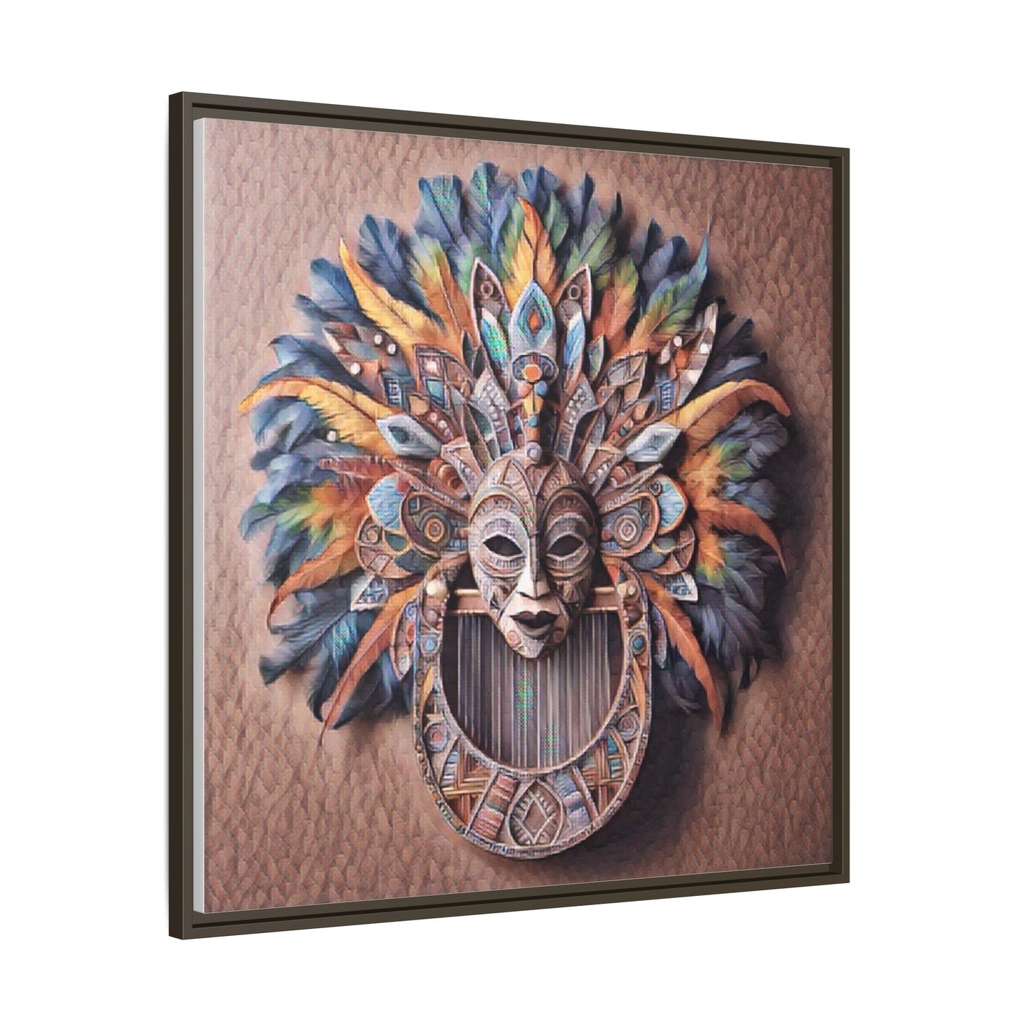 Tribal Feather Mask Framed Canvas Wall Art — Colorful Boho Decorative Print