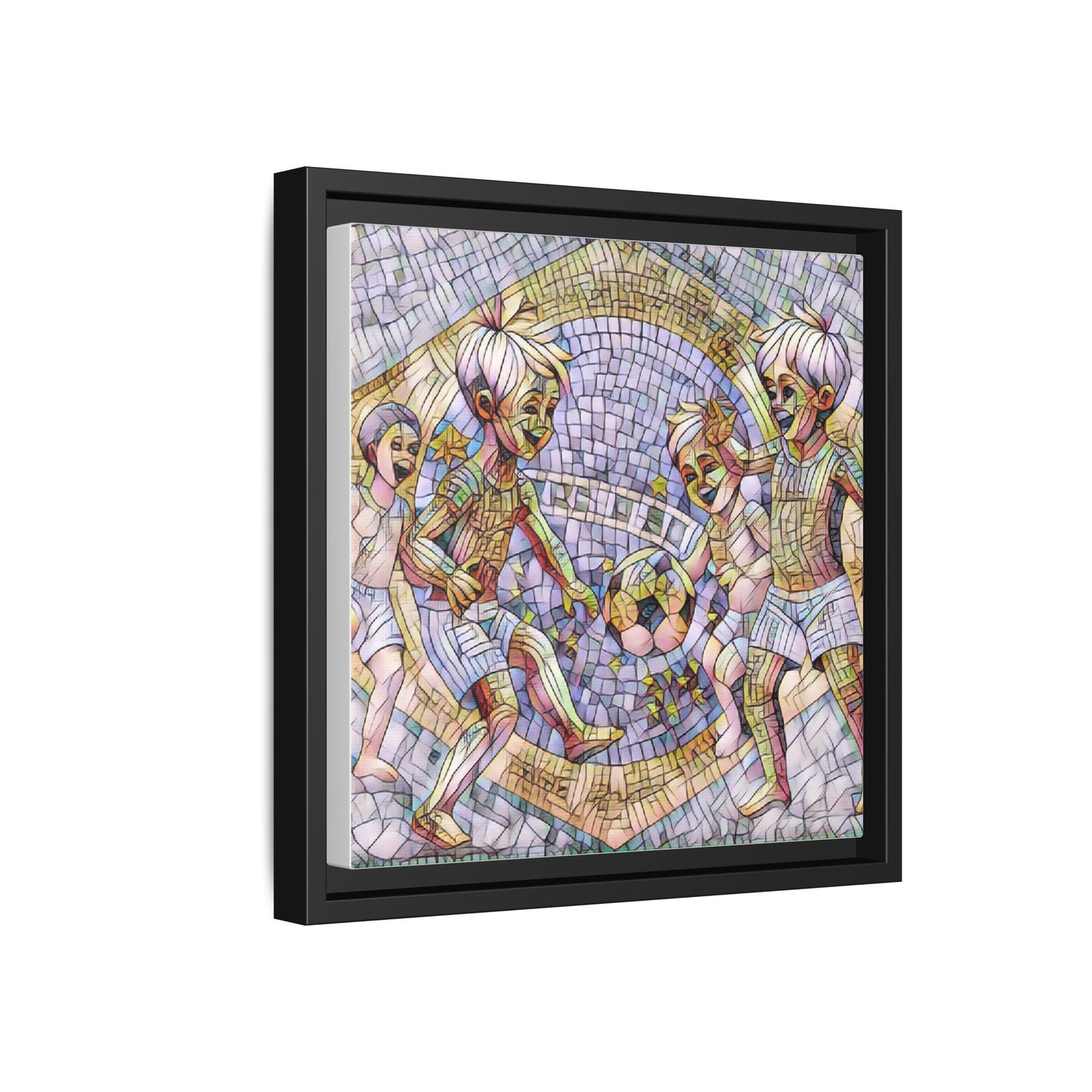 Framed Matte Canvas – Vintage Mosaic Kids Playing Soccer Art