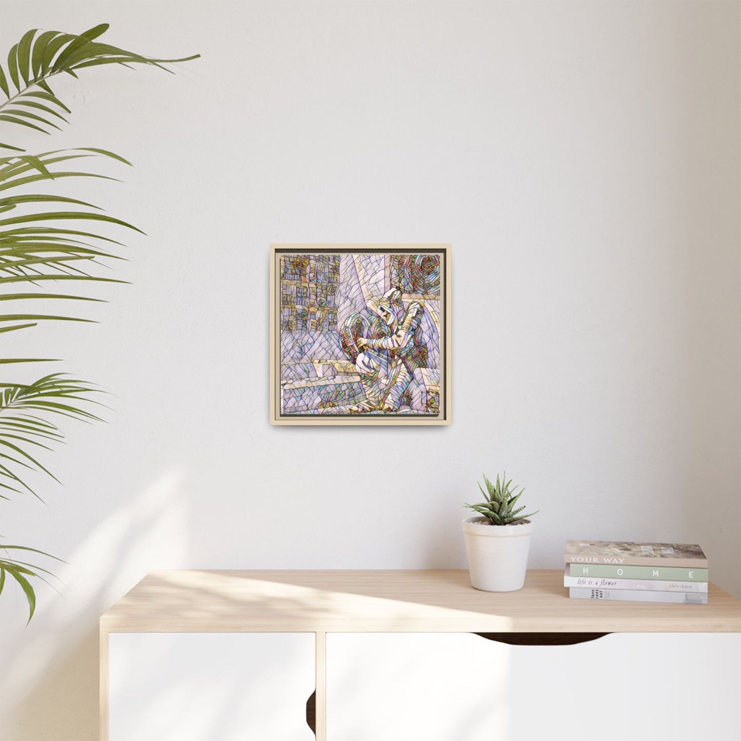 Framed Matte Canvas Art — Colorful Stained-Glass Astronaut Embrace