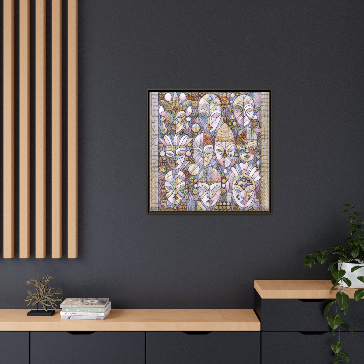 Framed Abstract Mask Art Canvas — Multicolor Stained-Glass Faces Wall Decor