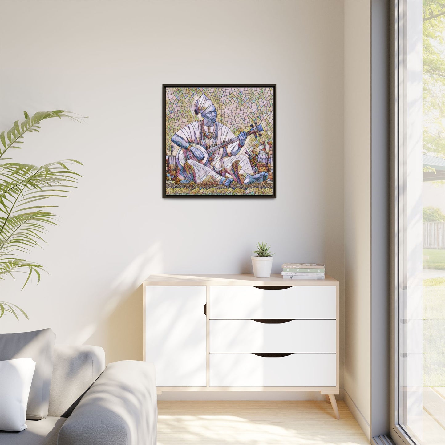 Framed Mosaic Musician Canvas Art — African Griot with Kora