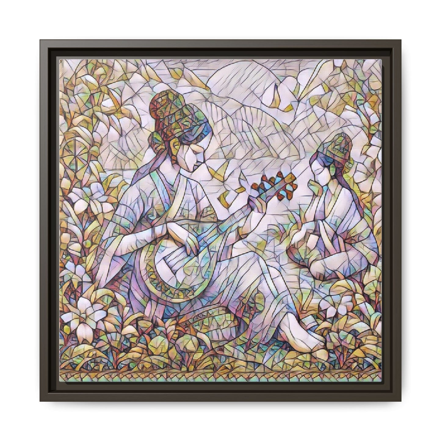 Framed Matte Canvas Art - Vintage Asian Musicians Floral Illustration
