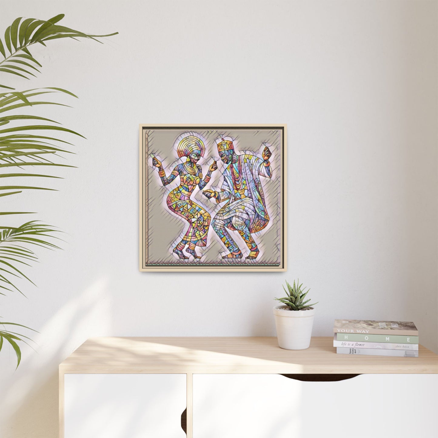 Afrobeat Dancers Framed Canvas Art — Colorful Mosaic African Dance Print