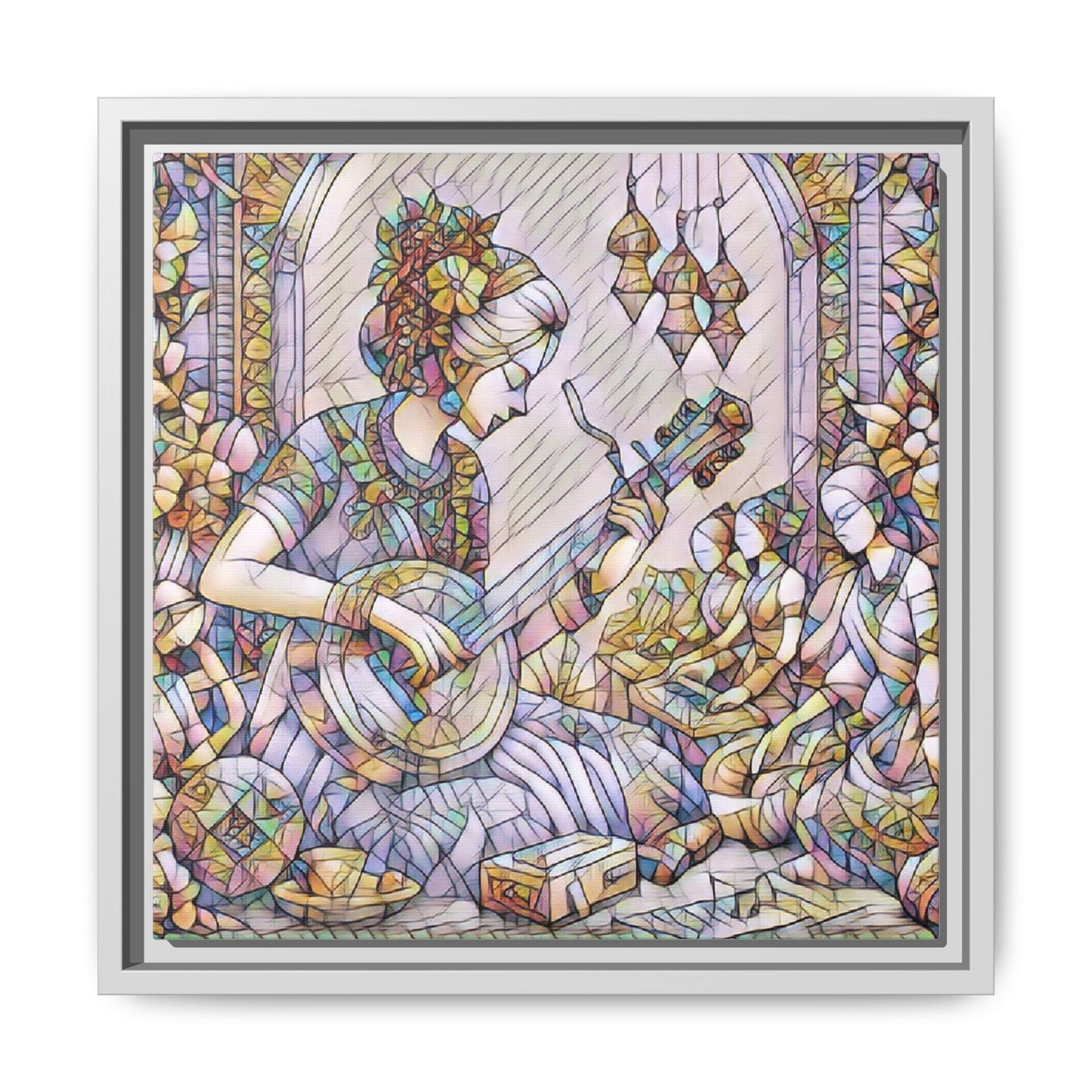 Framed Matte Canvas: Bohemian Woman Playing Lute — Stained-Glass Style Wall Art