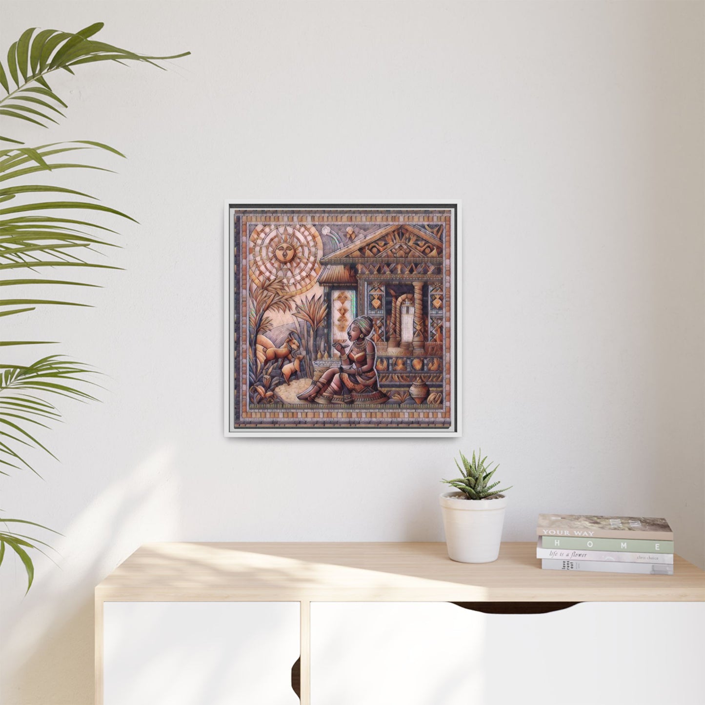Egyptian Goddess Mosaic Framed Canvas Art — Colorful Ancient Ritual Wall Decor