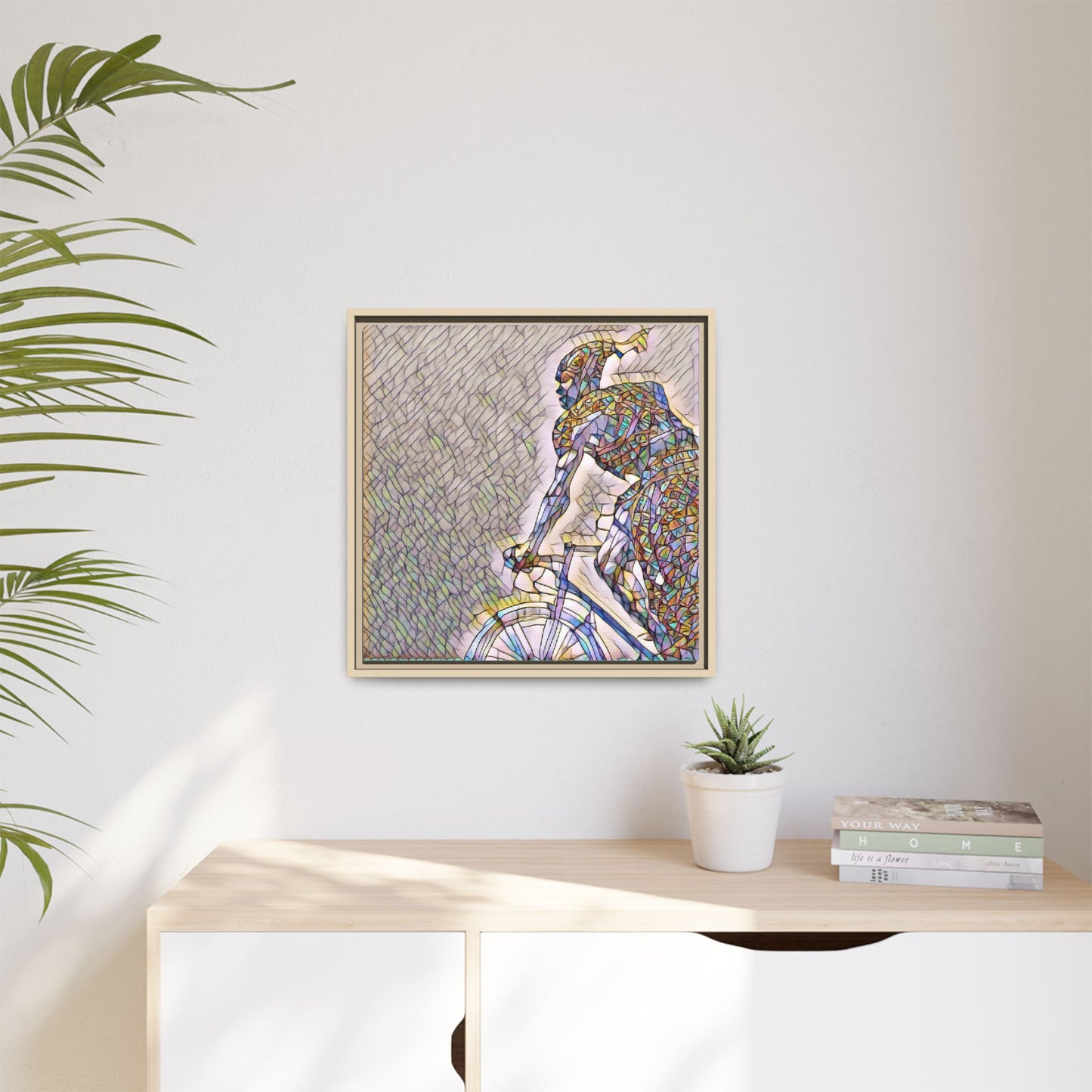 Cyclist Mosaic Matte Canvas Print — Framed Multicolor Bike Art